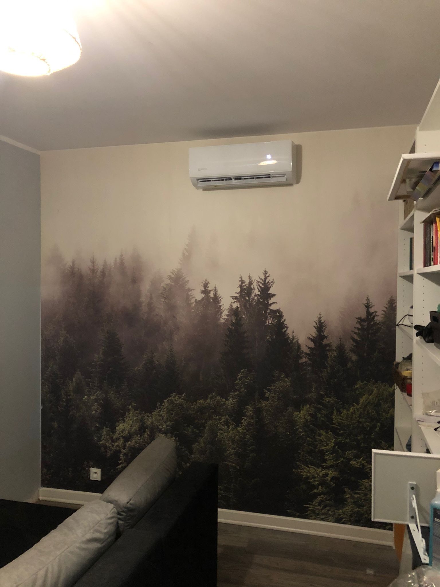 Biały klimatyzator ścienny zamontowany w pokoju z fototapetą przedstawiającą mglisty las iglasty. Widoczna lampa sufitowa i fragment regału z książkami.