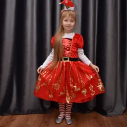 Dziewczynka w czerwonej sukience z motywami świątecznymi, w czapce Mikołaja z pomponem, pozuje na tle szarych zasłon i drewnianej podłogi.