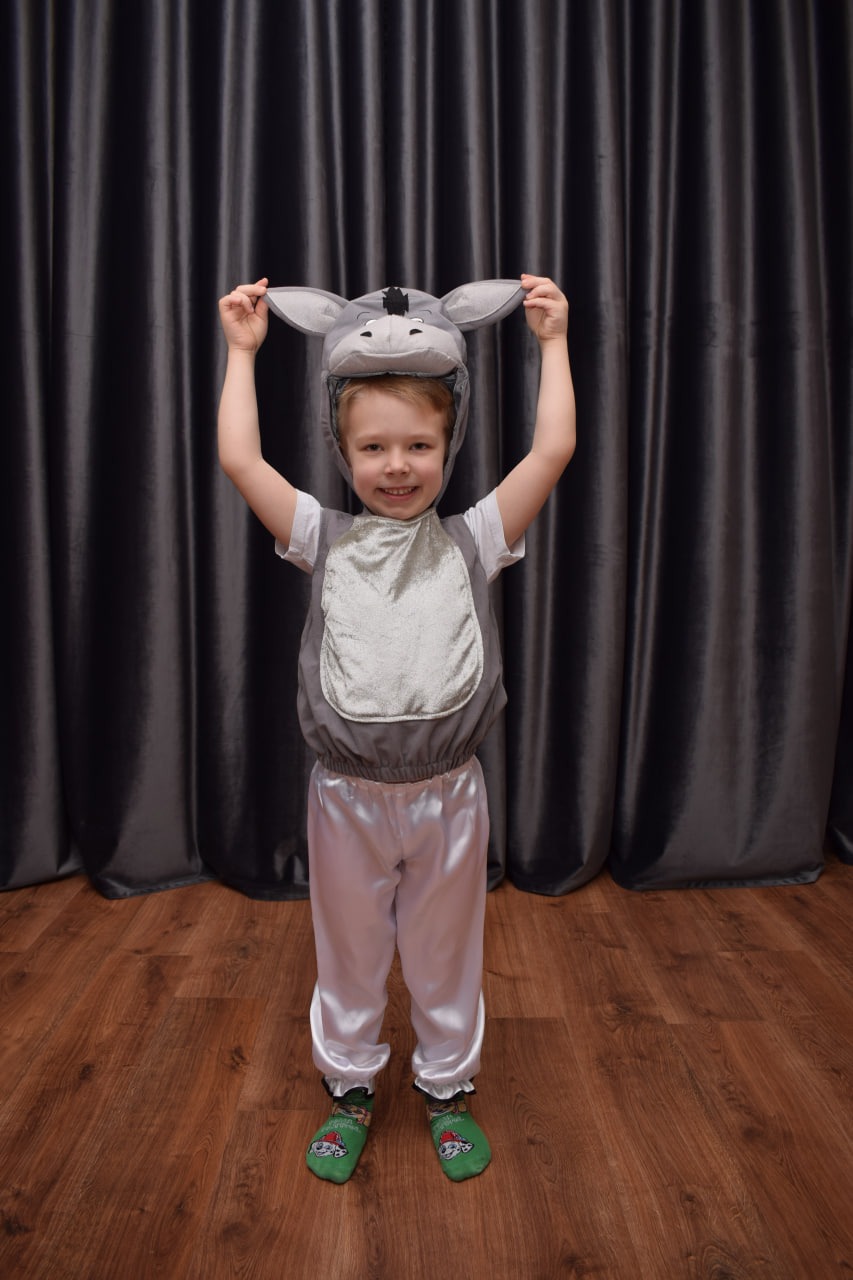 Uśmiechnięty chłopiec w szarym kostiumie osła z podniesionymi rękami, na tle ciemnych zasłon i drewnianej podłogi, z widocznymi zielonymi skarpetkami w Psi Patrol.