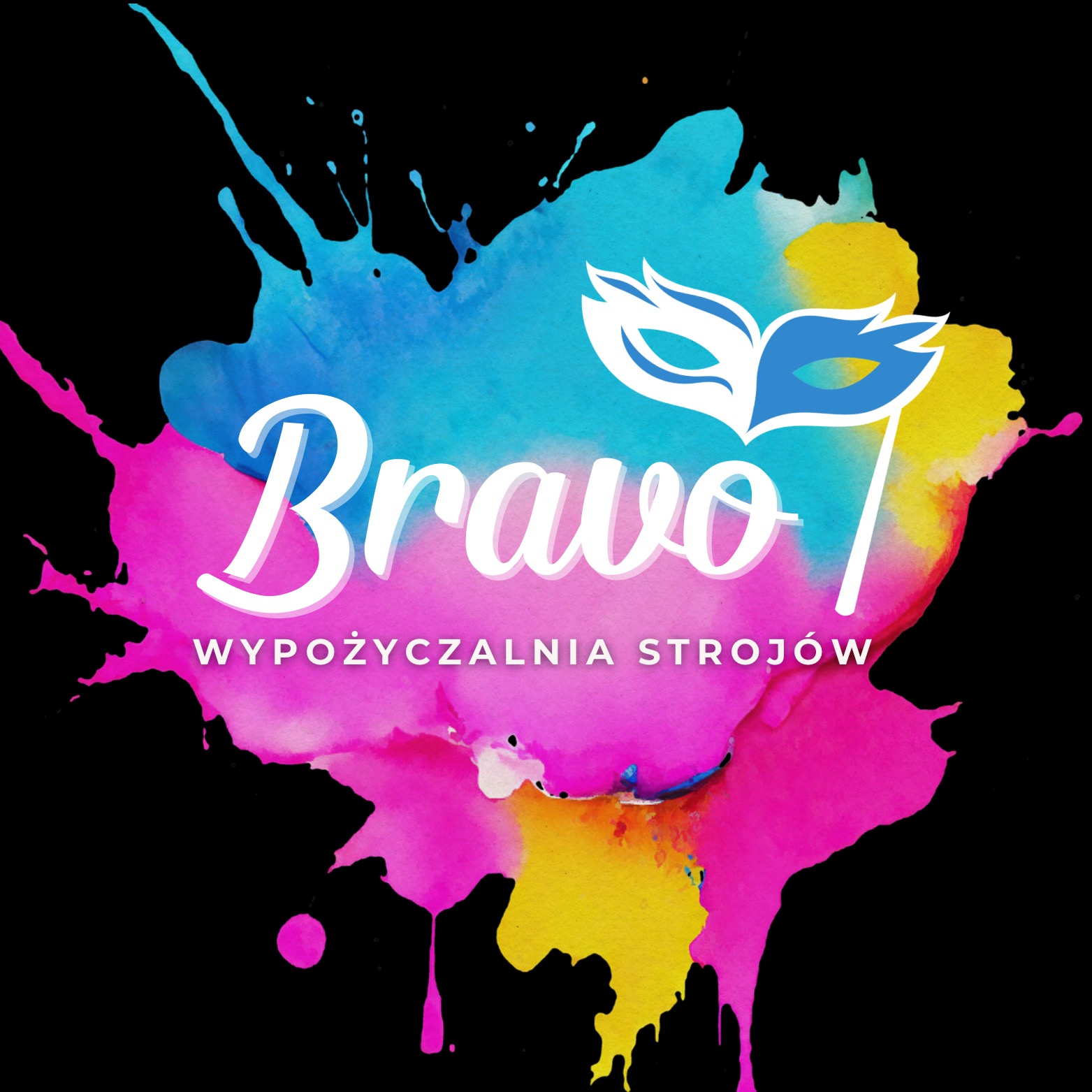 Abstrakcyjne logo z akwarelową plamą w odcieniach różu, błękitu i żółci, białym napisem 'Bravo' i ikoną maski karnawałowej, na czarnym tle.