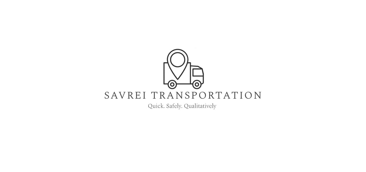 Logo firmy transportowej SAVREI TRANSPORTATION z ikoną ciężarówki z pinezką lokalizacji, hasło: Quick. Safely. Qualitatively.