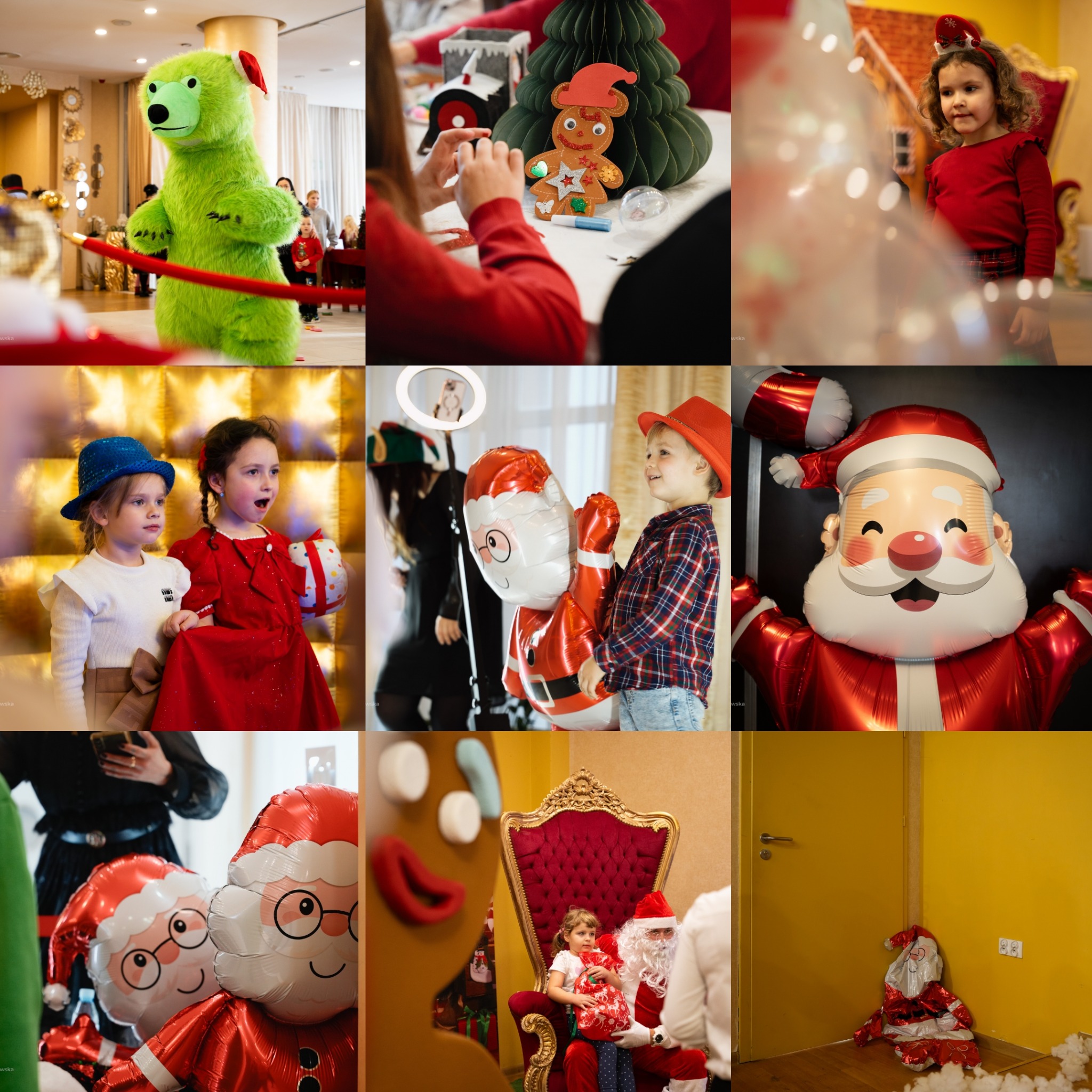 Kolaż z imprezy mikołajkowej: zielony miś, dekoracje piernikowe, dzieci z balonami Mikołaja, dziewczynka na tronie z Mikołajem, opadnięty balon w kącie.