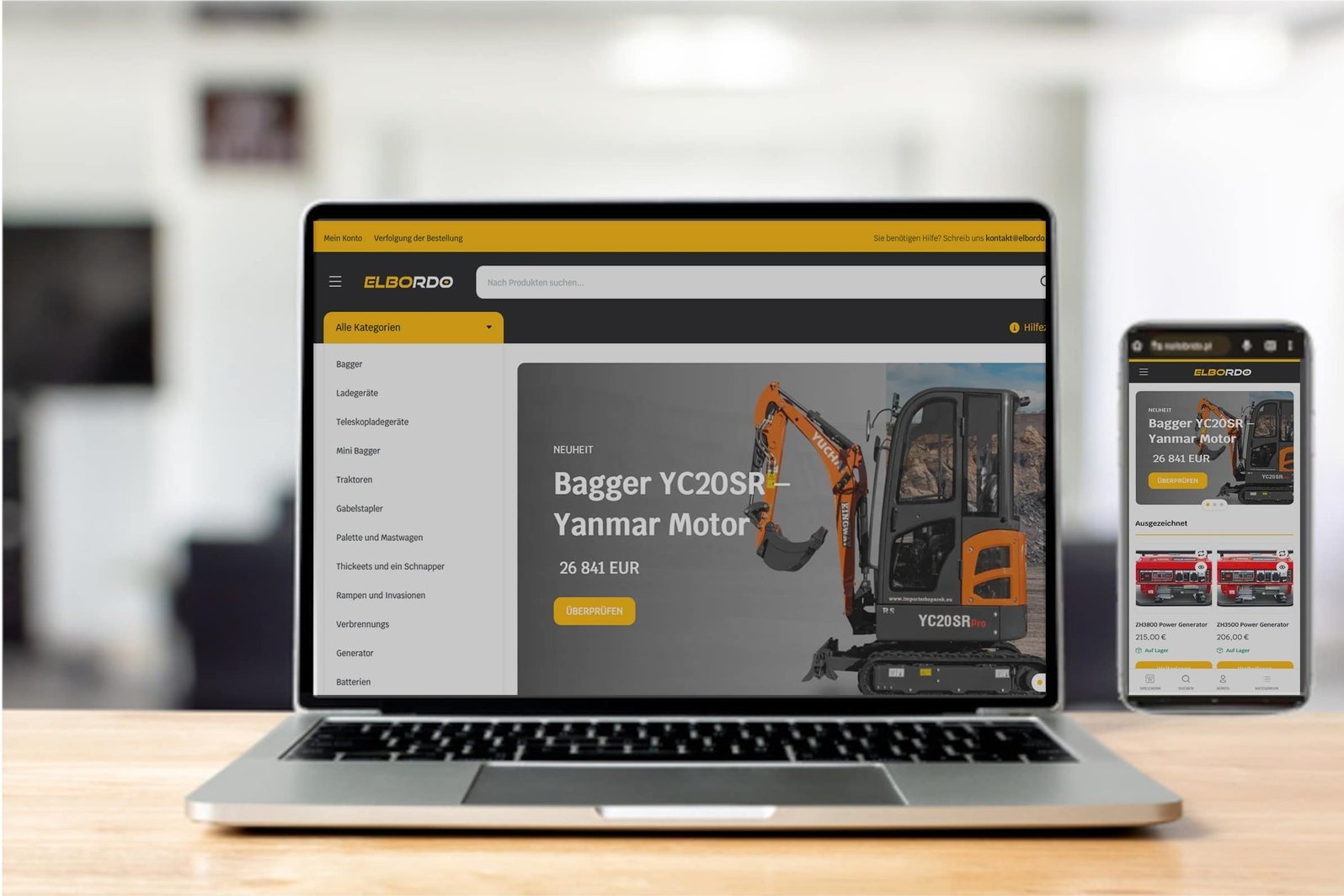 Laptop i smartfon prezentują responsywną stronę sklepu internetowego elbordo.de z ofertą maszyn budowlanych, w tym koparki YC20SR, na jasnym tle.