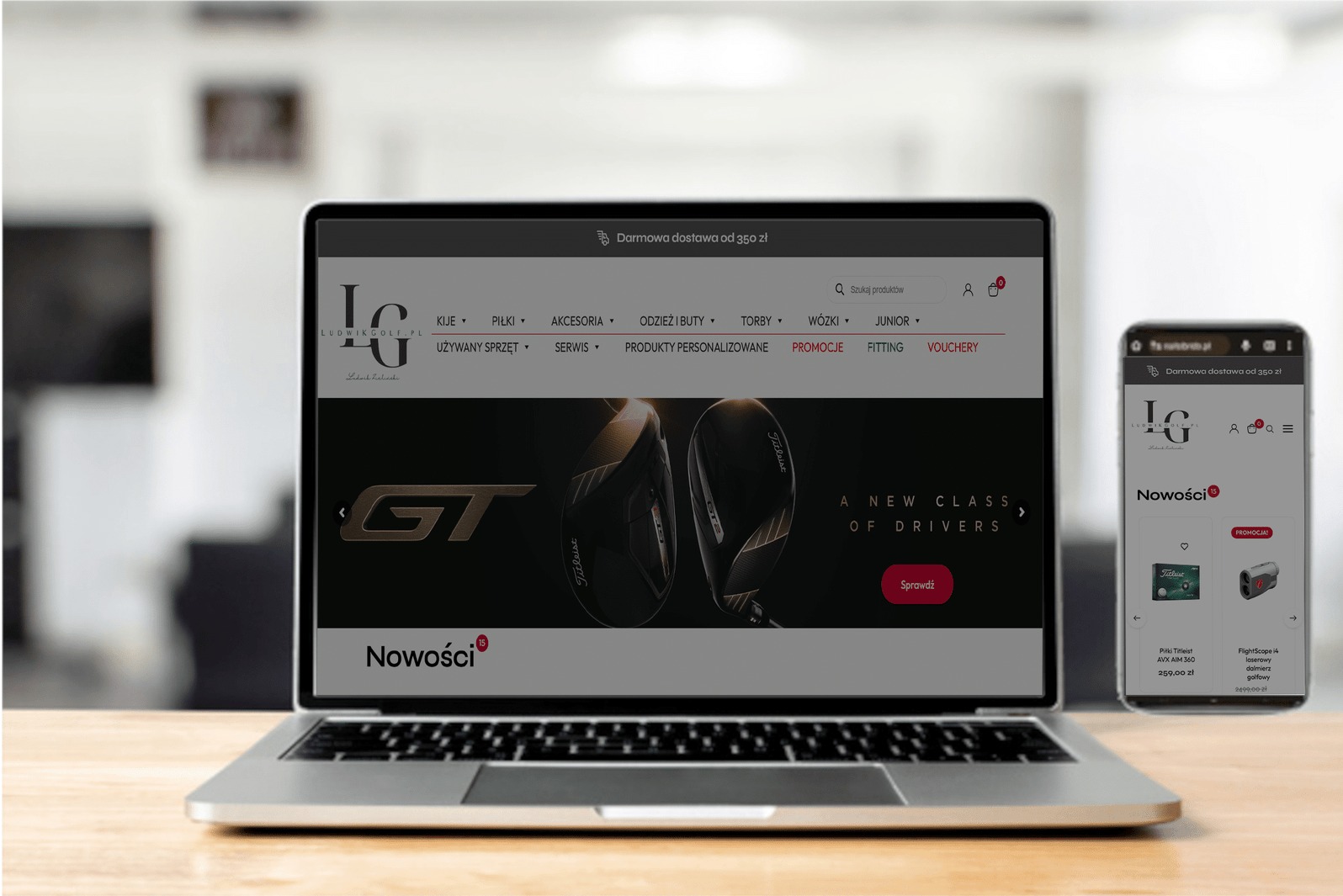 Laptop i smartfon prezentują stronę ludwikgolf.pl, z logo LG i menu nawigacyjnym. Widoczne produkty golfowe i promocje. Darmowa dostawa od 350 zł.