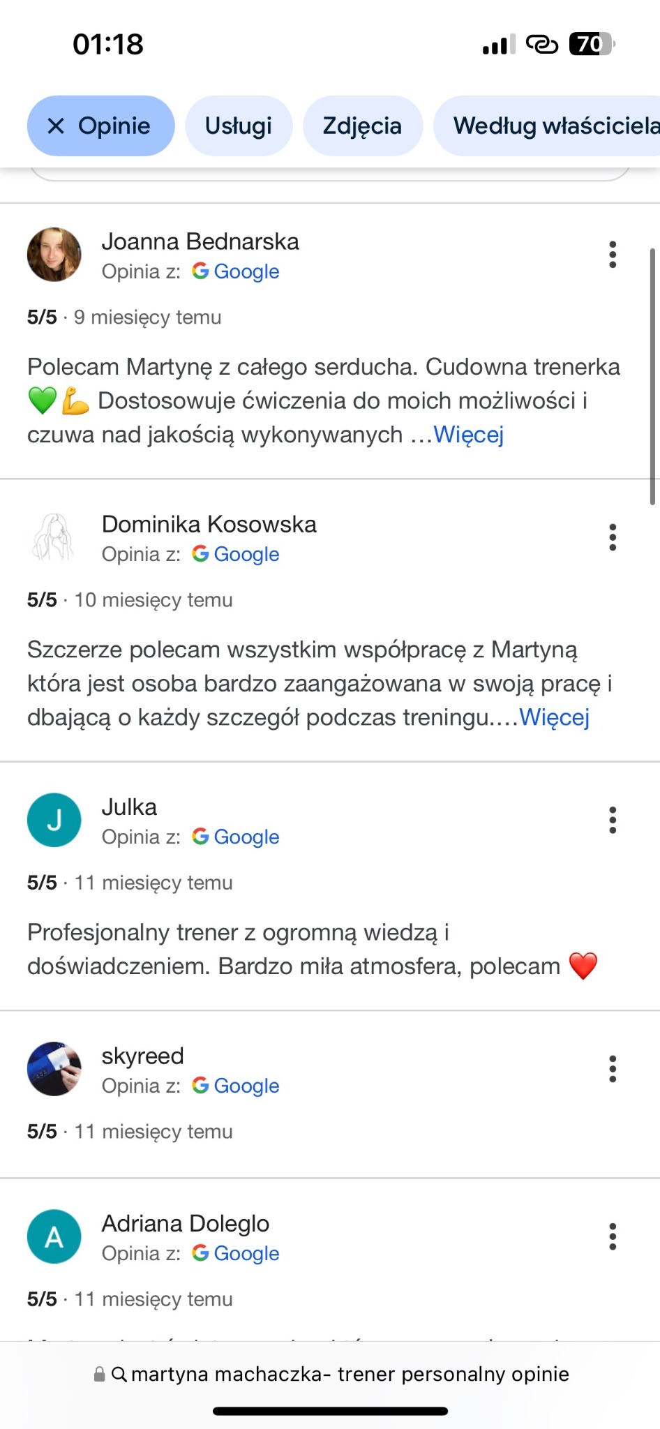 Zrzut ekranu z opiniami Google na temat trenera personalnego, z ocenami 5/5 i pozytywnymi komentarzami o zaangażowaniu i profesjonalizmie.