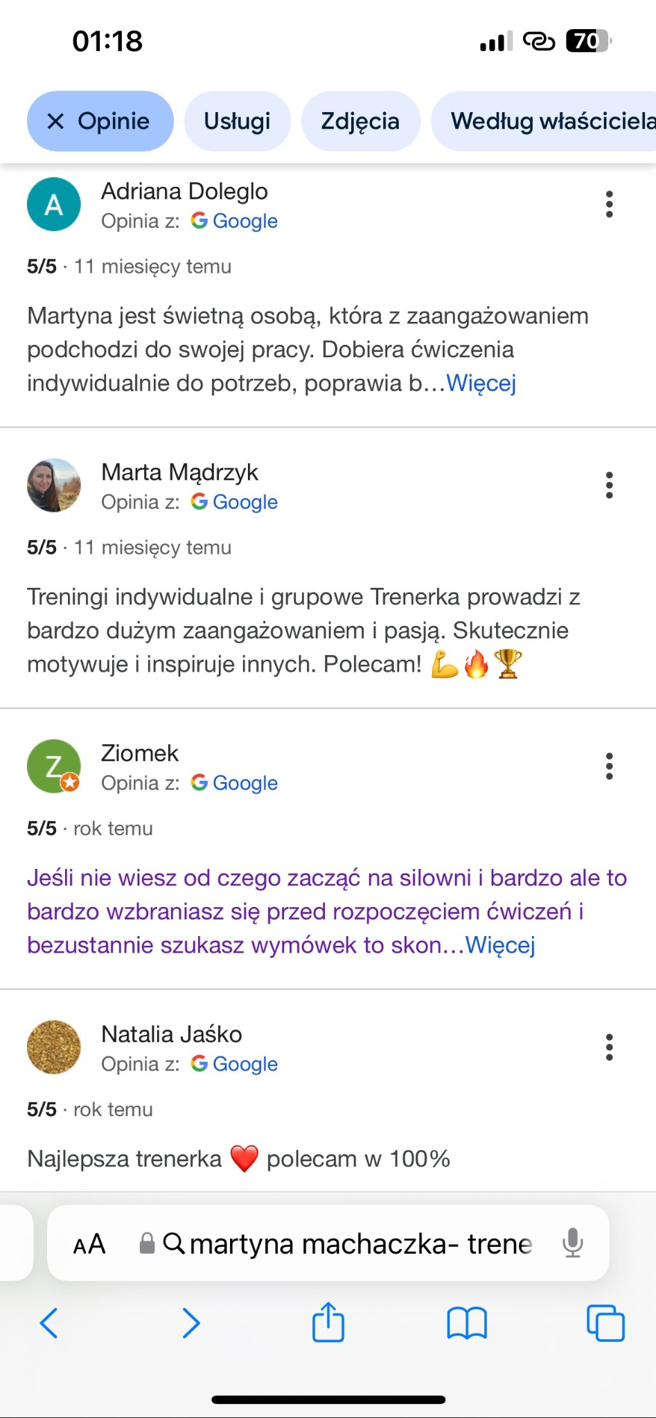 Zrzut ekranu z opiniami Google o trenerce personalnej, z pozytywnymi komentarzami dotyczącymi jej zaangażowania i skuteczności w motywowaniu klientów.
