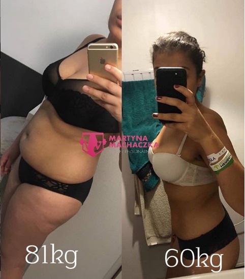 Kobieta prezentuje metamorfozę sylwetki, porównanie figury przed i po, z widoczną różnicą w wadze 81kg i 60kg, selfie w łazience.