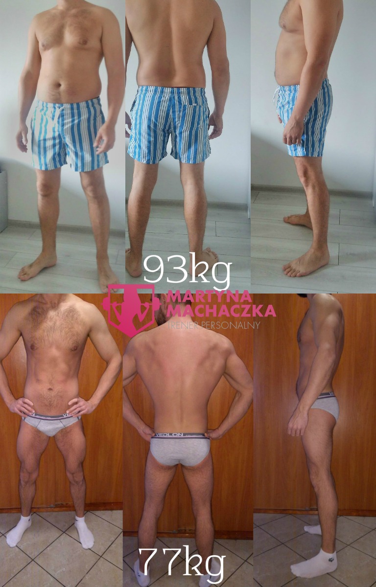 Mężczyzna przed i po zmianie sylwetki, waga zmniejszona z 93kg do 77kg, widoczne zmiany w budowie ciała, logo trenera personalnego w tle.