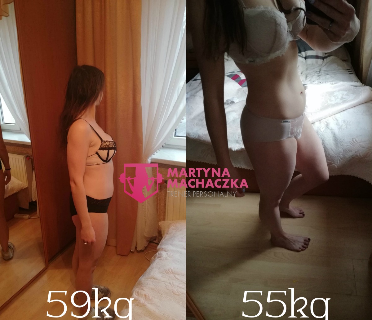 Porównanie sylwetki kobiety przed i po treningu, z widoczną różnicą w wadze: 59kg po lewej i 55kg po prawej stronie, na tle łóżka i okna.