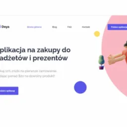 Responsywna strona internetowa typu landing page z ilustracją 3D kobiety sięgającej po prezent, promująca aplikację do zakupów gadżetów i prezentów.