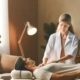Kobieta w białym uniformie delikatnie masuje klatkę piersiową mężczyzny leżącego na stole do masażu w jasnym pomieszczeniu. Widoczna lampa biurkowa i roślina w tle.