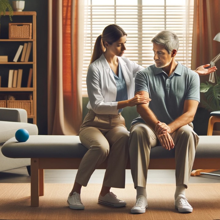 Kobieta w białym fartuchu delikatnie dotyka ramienia siedzącego mężczyzny na tle jasnego okna i drewnianej półki z książkami.