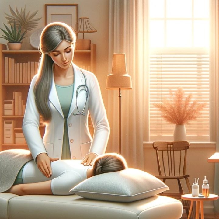 Kobieta w białym fartuchu i stetoskopie wykonuje masaż pleców pacjentki leżącej na stole w jasnym pokoju z lampą i regałem z książkami.