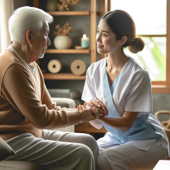 Kobieta w uniformie medycznym delikatnie trzyma dłonie starszego mężczyzny we Wrocławiu, w tle regał z dekoracjami i świecą.