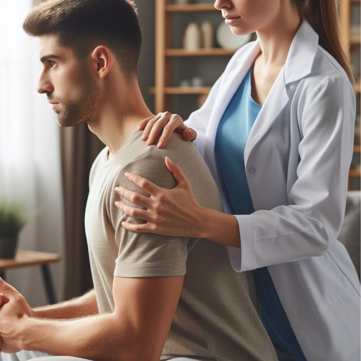 Kobieta w białym fartuchu delikatnie masuje górną część pleców mężczyzny siedzącego na krześle; widoczne rośliny doniczkowe i regał w tle.