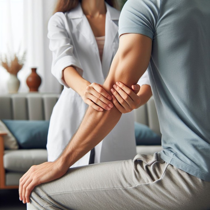 Terapeuta w białym fartuchu delikatnie masuje łokieć pacjenta w jasnym gabinecie, skupiając się na terapii manualnej.