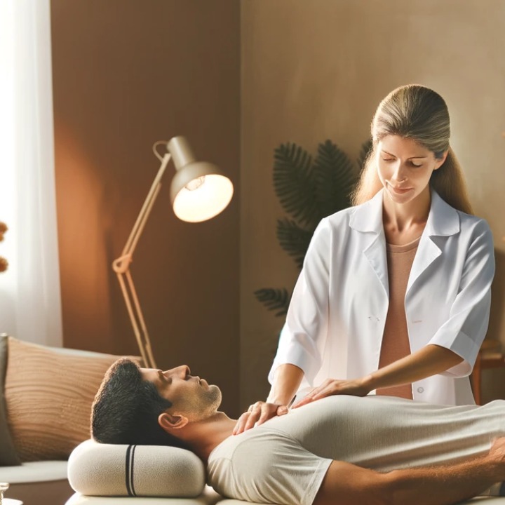 Kobieta w białym uniformie delikatnie masuje klatkę piersiową mężczyzny leżącego na stole do masażu w jasnym pomieszczeniu. Widoczna lampa biurkowa i roślina w tle.