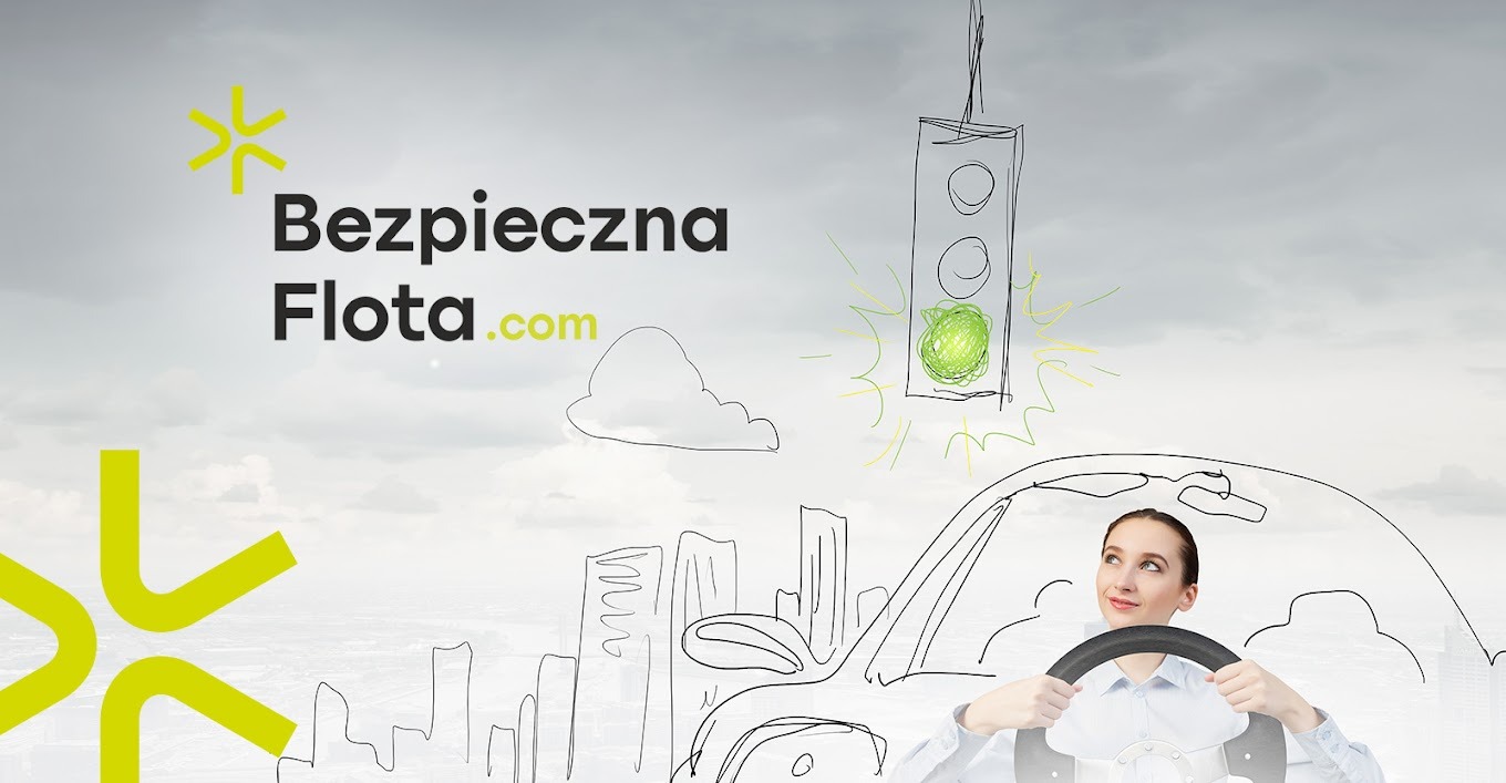 Grafika reklamowa z kobietą za kierownicą, szkicową sylwetką samochodu, miasta i sygnalizacji świetlnej z zielonym światłem, na tle pochmurnego nieba. Logo 'Bezpieczna Flota' w lewym górnym rogu.