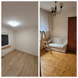 Pokój przed i po malowaniu: po lewej świeżo pomalowane ściany z nowymi panelami, po prawej pokój przed remontem z drabiną malarską, starą podłogą i meblami.