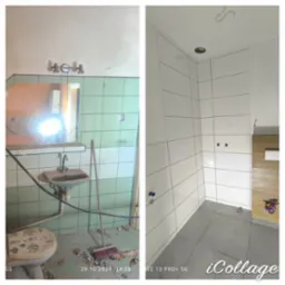 Porównanie stanu łazienki przed i po remoncie: stara, zielona glazura i sanitariaty kontra nowa, biała glazura z minimalistycznym wykończeniem.