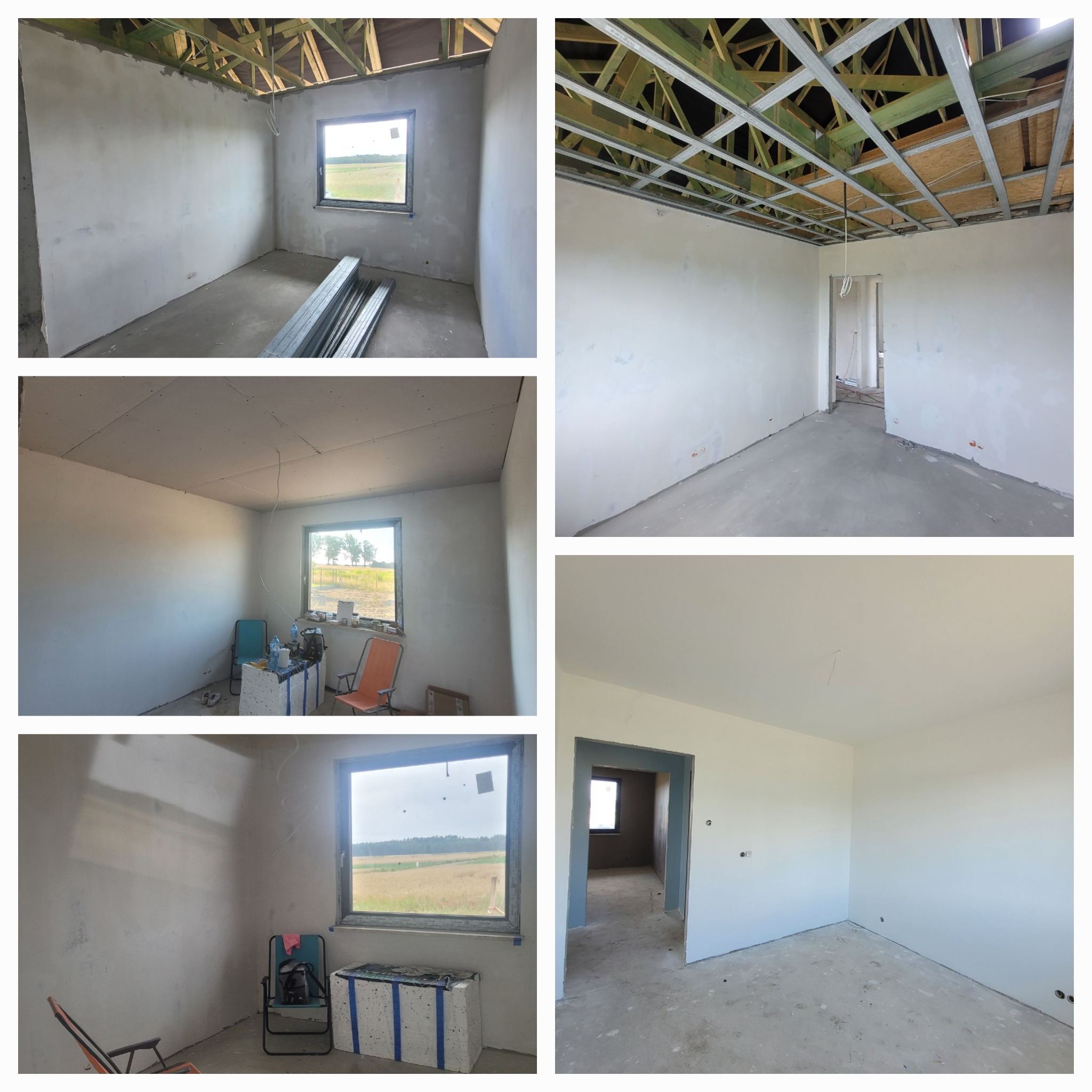 Kolaż przedstawiający pokoje w trakcie remontu: surowe ściany, metalowe profile sufitowe, gładzie gipsowe, okna z widokiem na pole, krzesła turystyczne i materiały budowlane.