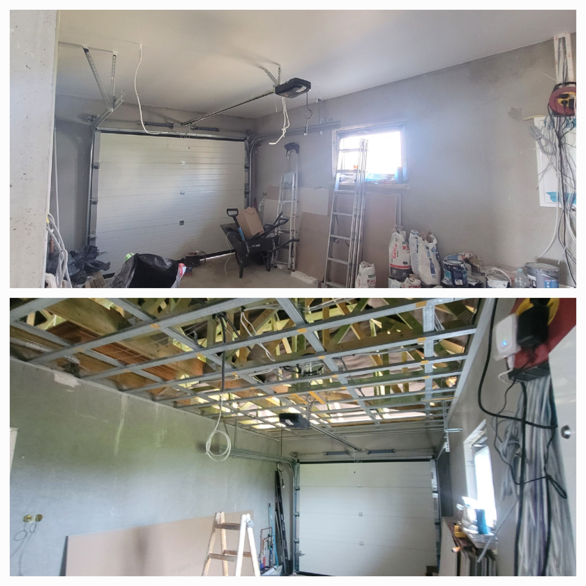 Dwa ujęcia garażu w trakcie prac wykończeniowych: surowa ściana z widocznymi przewodami, drabina, taczka i worki z materiałami budowlanymi na górnym zdjęciu; konstrukcja sufitu podwieszanego...