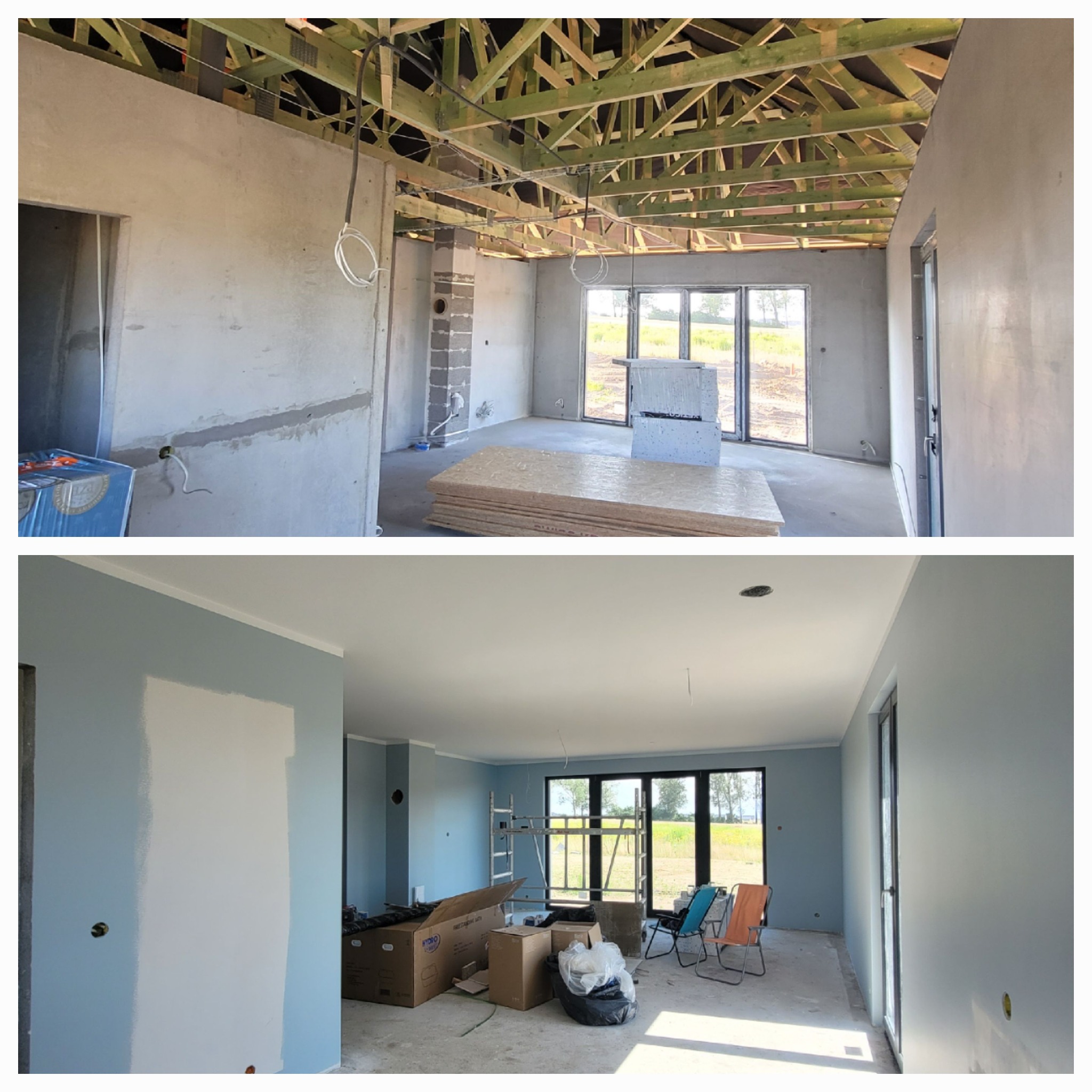 Dwuczęściowe zdjęcie przedstawia wnętrze domu w dwóch etapach: górna część ukazuje surowy stan z drewnianą konstrukcją dachu, nieotynkowanymi ścianami i instalacjami, a dolna część prezentuje pokój...