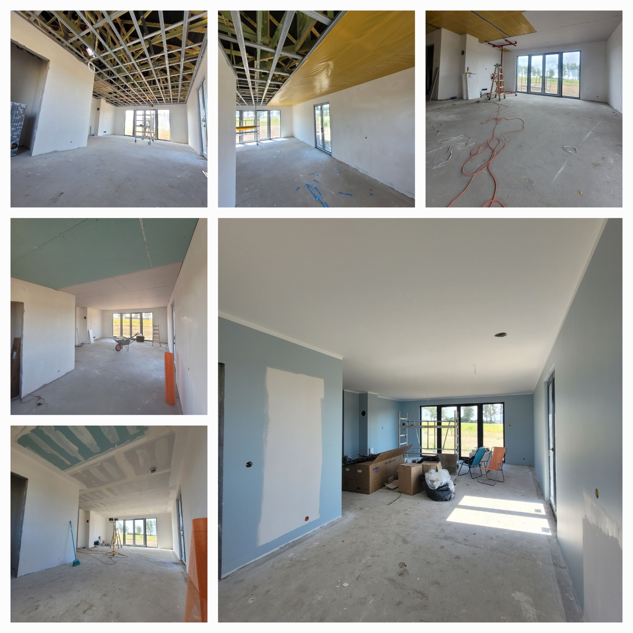 Wnętrze domu w trakcie remontu, widoczne surowe ściany, metalowa konstrukcja podwieszanego sufitu, częściowo położona płyta gipsowo-kartonowa, drabiny i narzędzia.