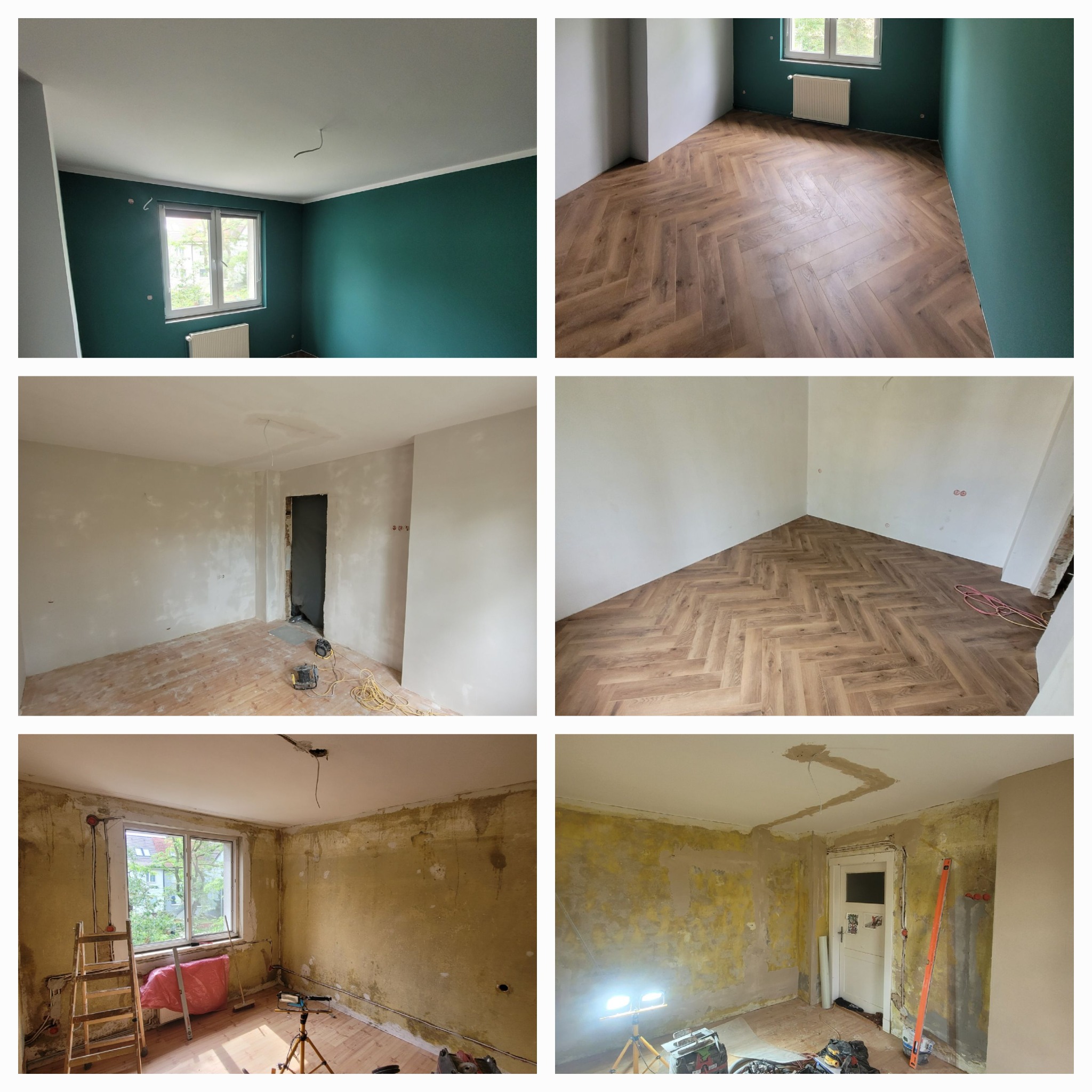Kompozycja zdjęć przedstawiająca etapy remontu mieszkania: od stanu surowego z odrapanymi ścianami, przez gładzie i przygotowanie podłoża, po pomalowane ściany na zielono i ułożony parkiet w jodełkę.