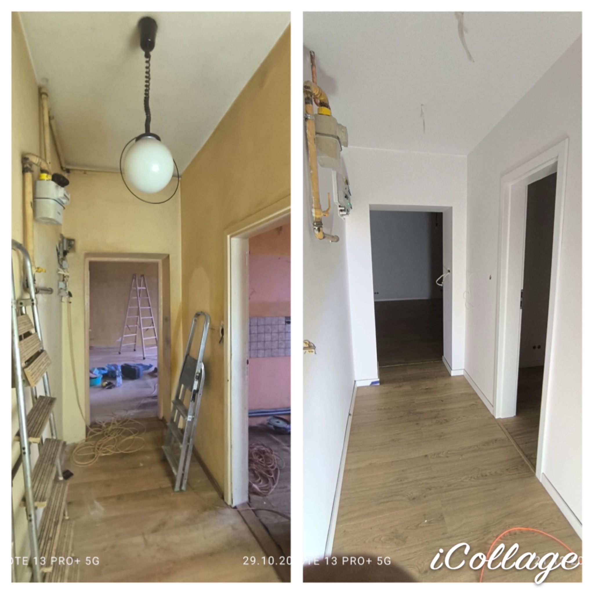 Korytarz przed i po: żółte ściany z instalacjami gazowymi i drabiny malarskie kontra białe ściany, panele podłogowe i wykończone futryny.