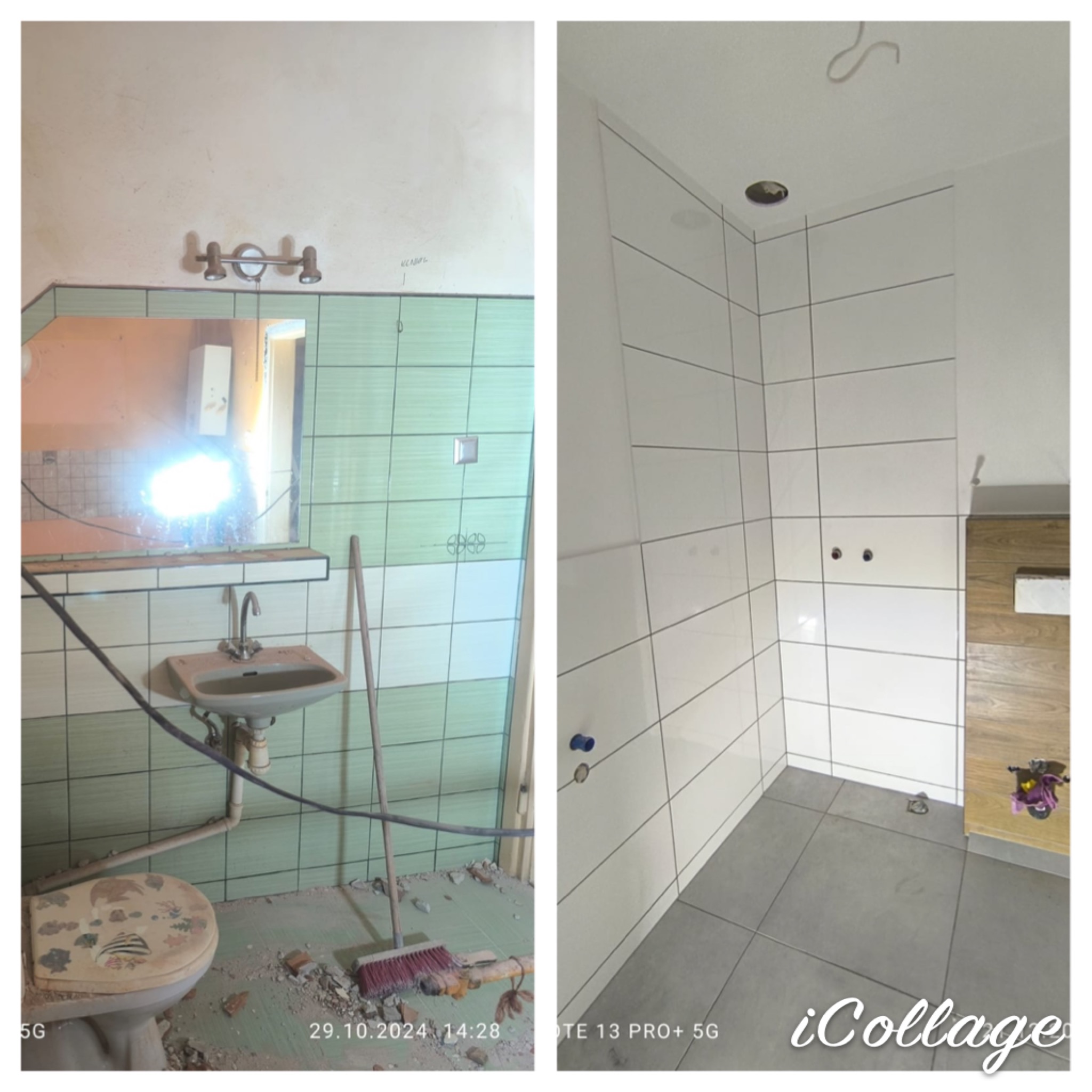 Porównanie stanu łazienki przed i po remoncie: stara, zielona glazura i sanitariaty kontra nowa, biała glazura z minimalistycznym wykończeniem.