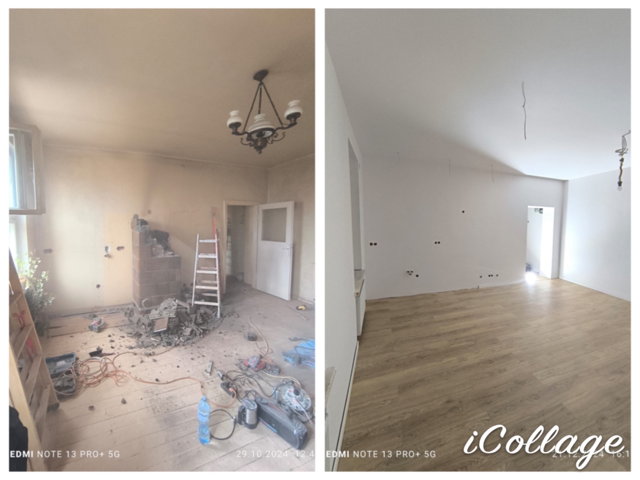 Porównanie stanu pokoju przed i po: zdemontowany kominek, gruz i narzędzia na podłodze kontra świeżo pomalowane ściany na gładko i panele podłogowe.