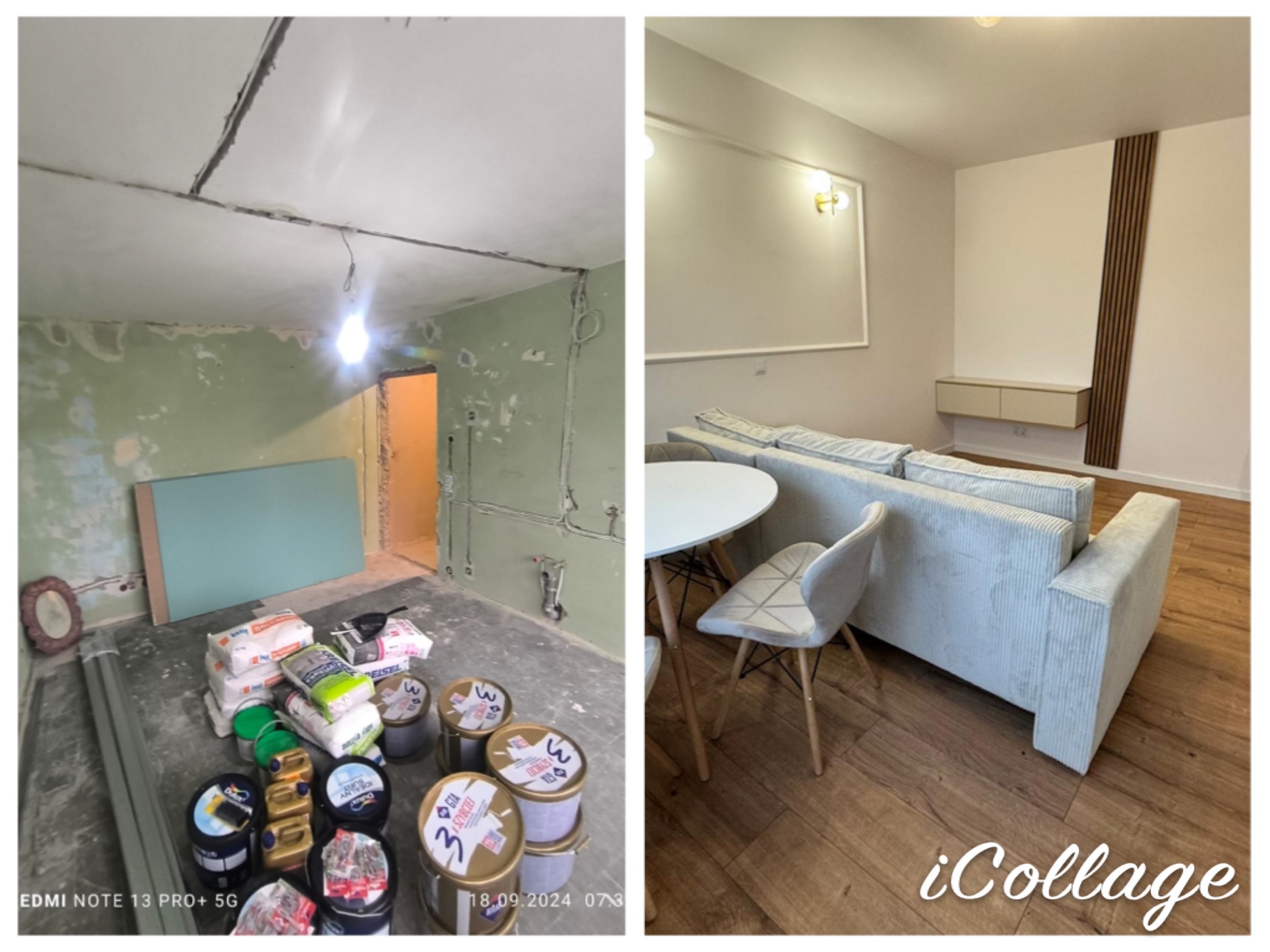 Porównanie stanu pokoju przed i po: surowy pokój z workami gładzi i puszkami farb vs. wykończony pokój z sofą, stolikiem i dekoracyjną ścianą z lameli.