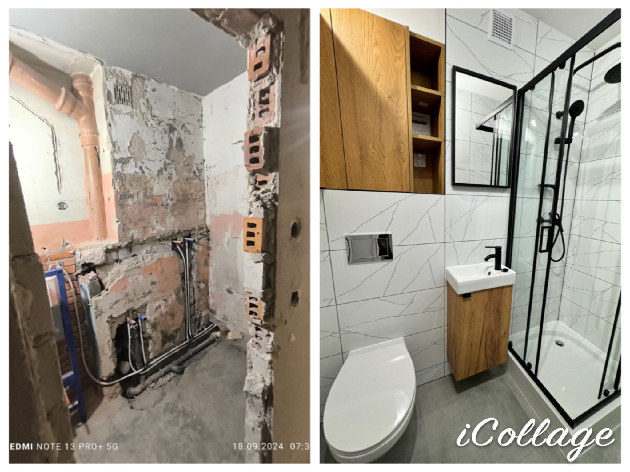 Kolaż przedstawiający łazienkę w trakcie metamorfozy: po lewej surowe ściany z odsłoniętą instalacją hydrauliczną, po prawej wykończona część z kabiną prysznicową, umywalką i toaletą w nowoczesnym...
