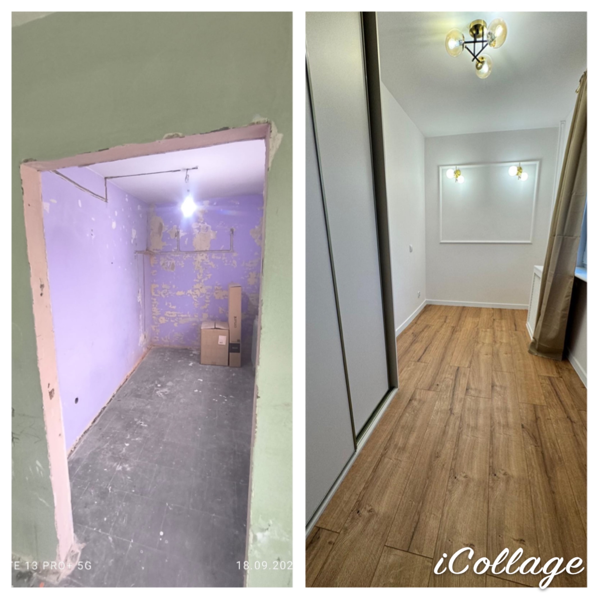 Porównanie stanu pokoju przed i po: z lewej surowe ściany z resztkami farby i betonowa podłoga, z prawej wykończone wnętrze z panelami podłogowymi, świeżo pomalowanymi ścianami, ozdobnym...