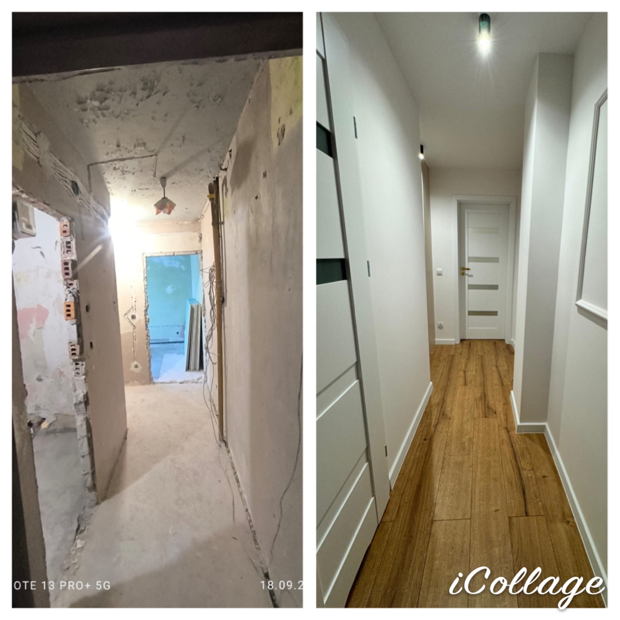 Porównanie stanu korytarza przed i po: surowe ściany z odsłoniętą cegłą i instalacjami kontra gładkie, białe ściany, panele podłogowe i nowoczesne oświetlenie.