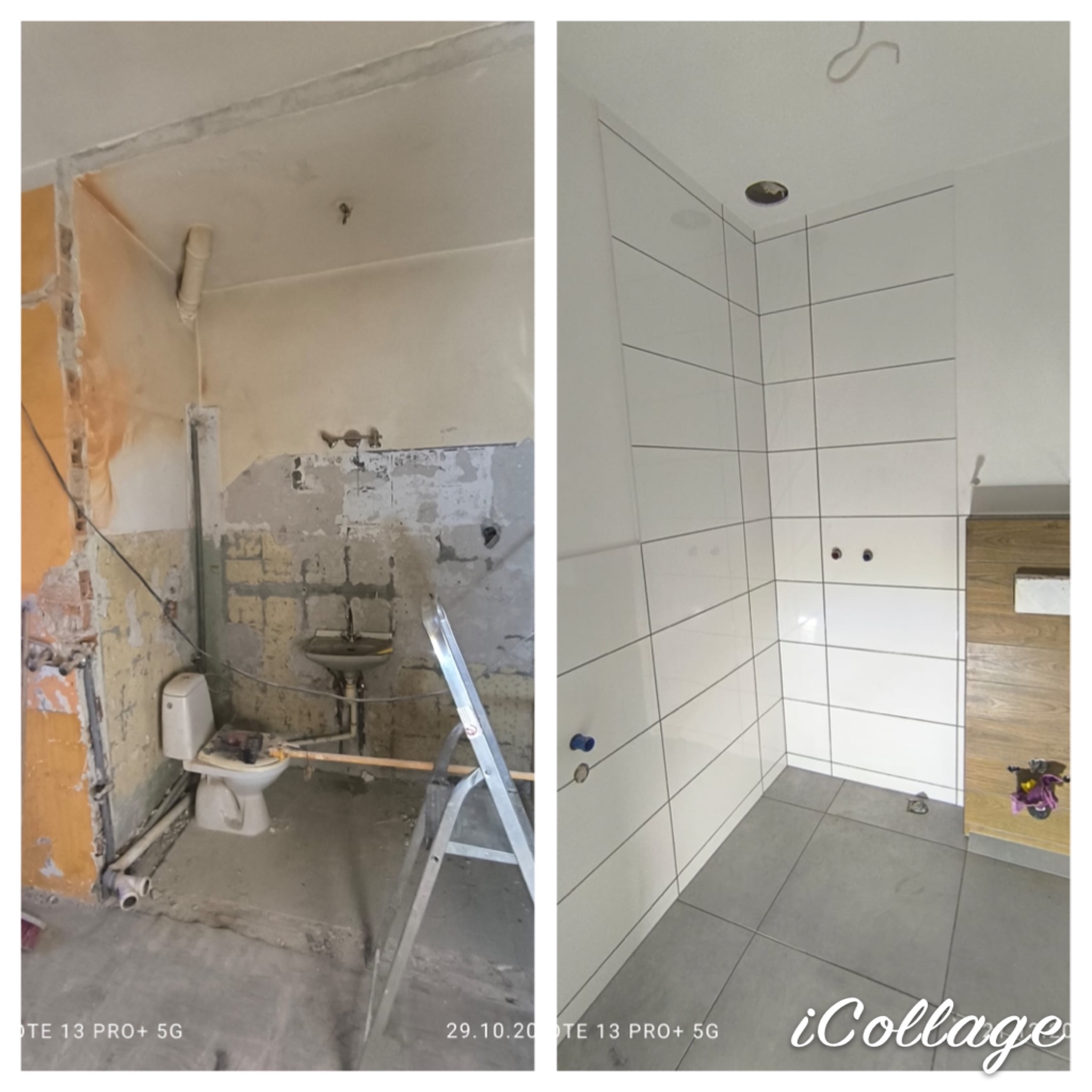 Fotografia typu 'przed i po' przedstawia remont łazienki: po lewej stronie widoczny jest stan surowy z odsłoniętą cegłą, instalacjami i toaletą, po prawej stronie wykończona łazienka z białymi...