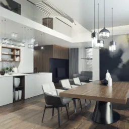 Nowoczesna kuchnia z białymi szafkami, drewnianym blatem i stołem jadalnym z drewnianym blatem wspartym na czarnej, okrągłej podstawie. Nad stołem wiszą szklane lampy. Na podłodze drewniane panele.