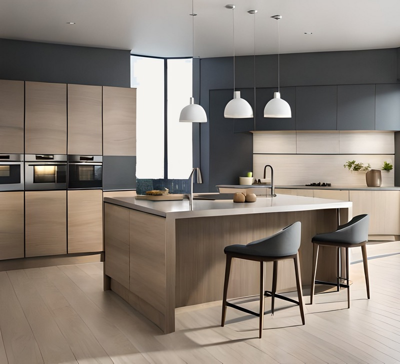 Nowoczesna kuchnia z wyspą i hokerami, fronty szafek w odcieniach drewna, oświetlenie punktowe, minimalistyczny design.