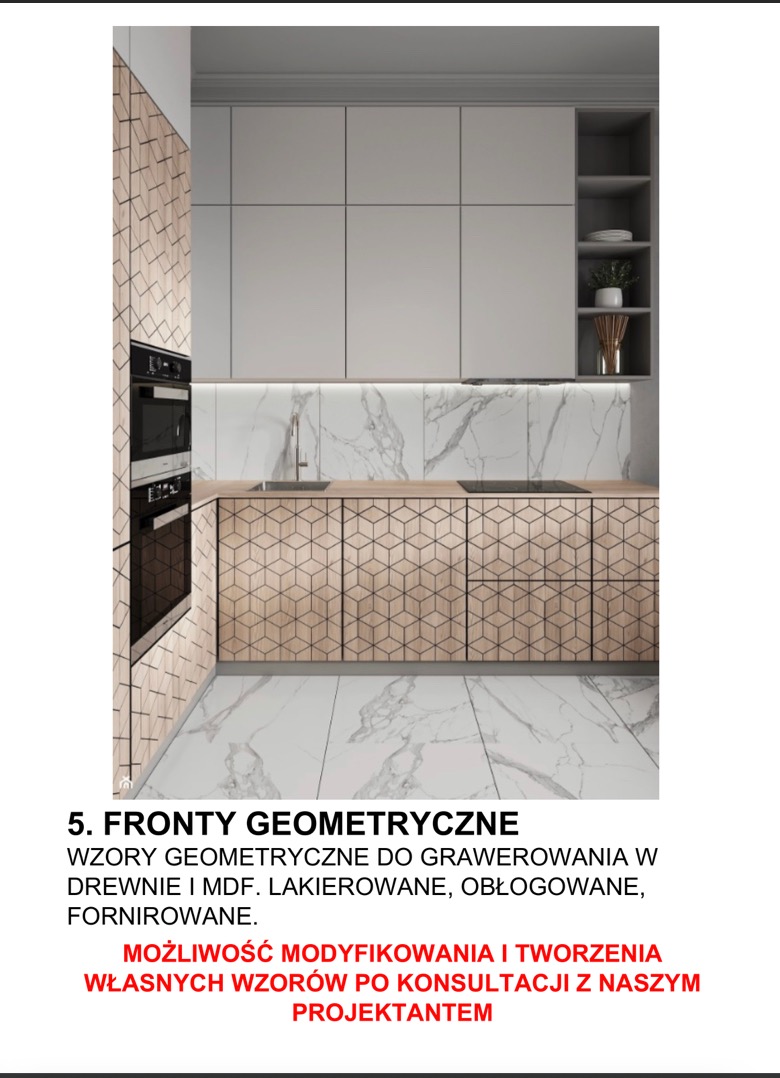 Nowoczesna kuchnia z frontami szafek w geometryczny wzór drewna, białe szafki górne, marmurowy backsplash i podłoga, oraz wbudowany piekarnik.