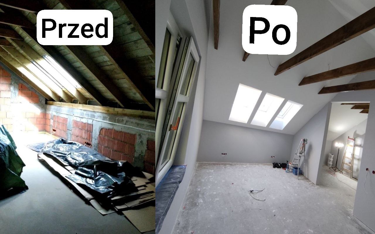 Porównanie stanu poddasza przed i po: surowe cegły i drewno kontra szare ściany, okna dachowe i odsłonięte belki stropowe. Po prawej stronie widoczna drabina malarska.