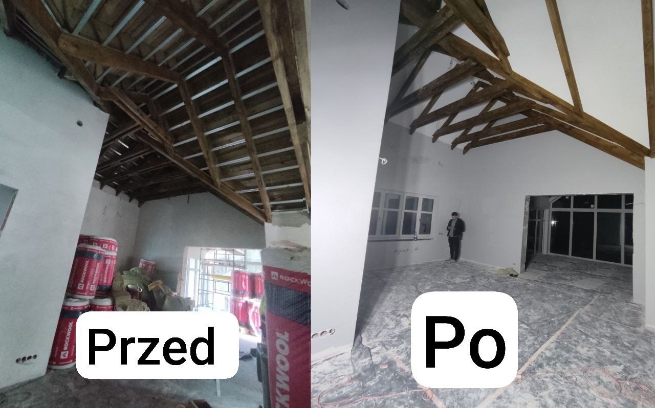 Porównanie stanu pomieszczenia przed i po pracach: surowy strop drewniany i nieotynkowane ściany z materiałami izolacyjnymi vs. gładkie, pomalowane ściany i strop, widoczna osoba w pomieszczeniu po...