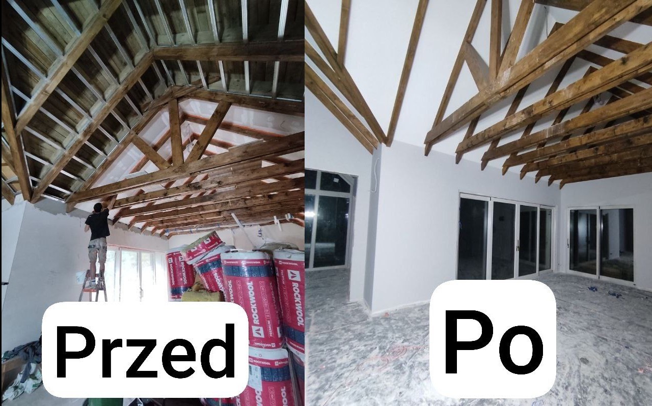 Porównanie stanu poddasza przed i po pracach: widoczne drewniane elementy konstrukcyjne dachu, izolacja termiczna Rockwool przed montażem, pracownik na drabinie oraz gładkie, pomalowane ściany po...