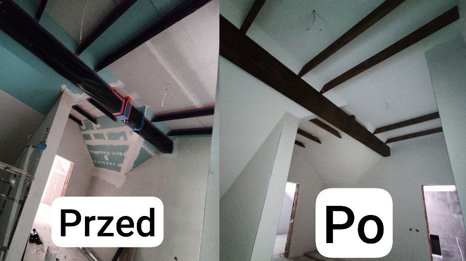 Porównanie stanu poddasza przed i po: widoczne drewniane belki stropowe, ściany z płyt kartonowo-gipsowych przed obróbką (szpachlowanie, malowanie) oraz po, z wykończoną białą powierzchnią.
