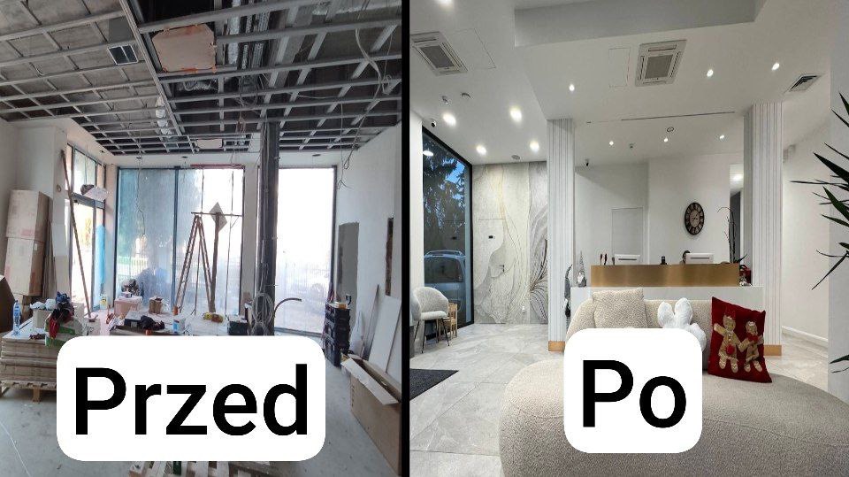 Zdjęcie 'przed' i 'po' przedstawia wnętrze prywatnej kliniki stomatologicznej w trakcie i po pracach wykończeniowych: szkielet sufitu podwieszanego, drabina i materiały budowlane kontra wykończone...