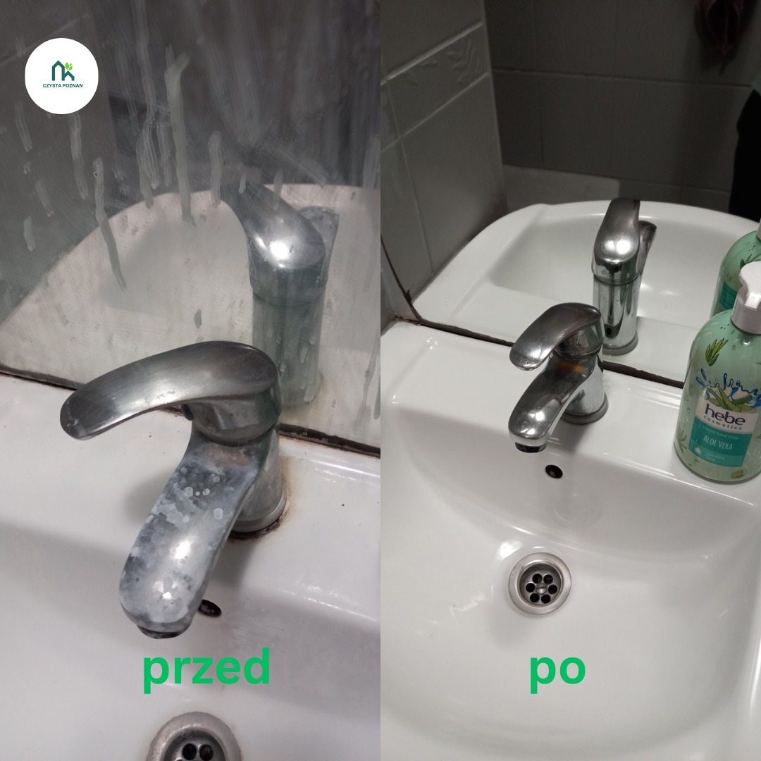 Porównanie umywalki i baterii przed i po czyszczeniu: po lewej stronie zacieki i osad, po prawej czysta, lśniąca powierzchnia, butelka mydła w tle.