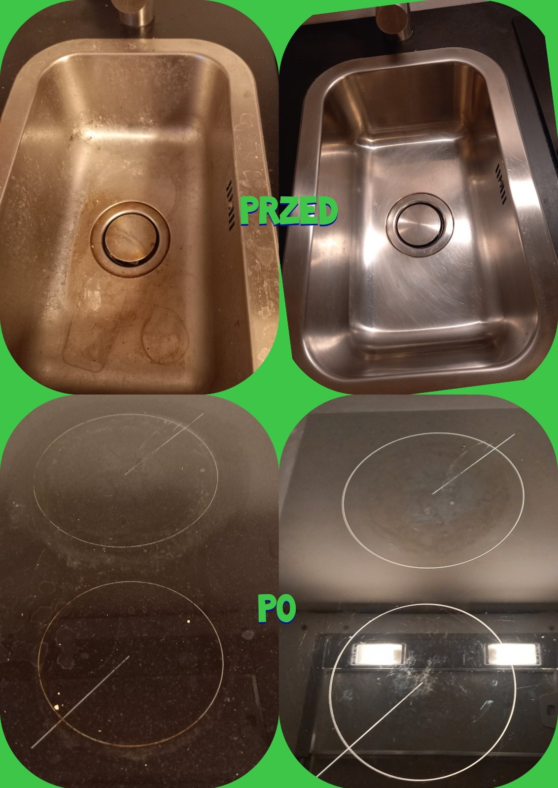Zestawienie 'przed' i 'po' czyszczeniu: brudny, matowy zlew z widocznymi plamami i osadem kontra lśniący, czysty zlew ze stali nierdzewnej; zabrudzona płyta indukcyjna z pozostałościami po...