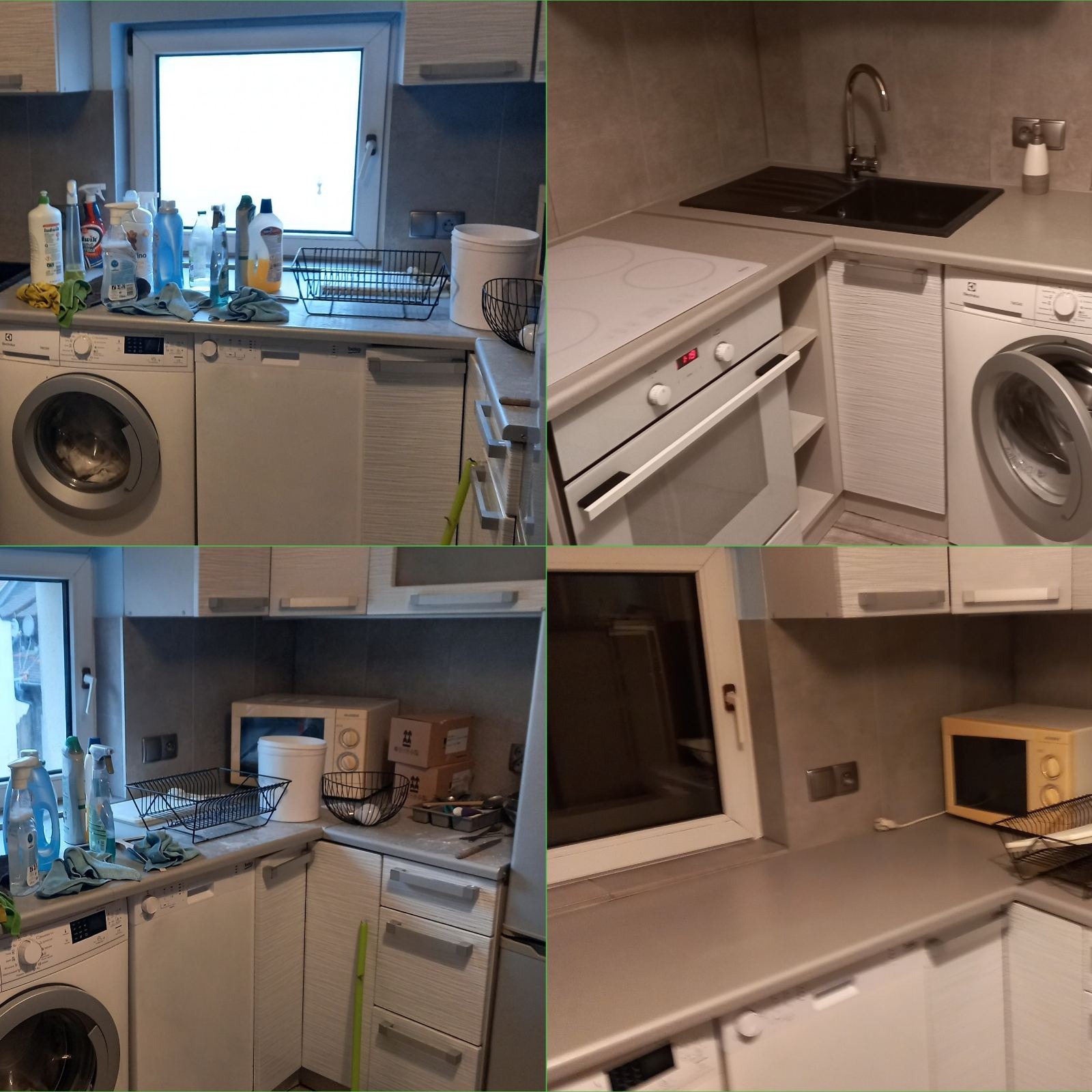 Kuchnia przed sprzątaniem: widoczne środki czystości, ściereczki, naczynia na blacie, pralka, zlew, kuchenka, piekarnik i okno.