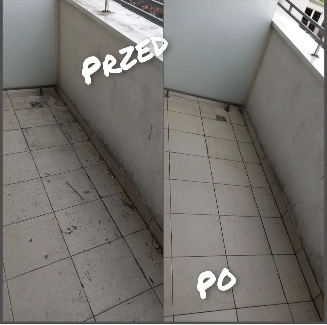 Balkon z szarymi płytkami przed i po czyszczeniu. Widoczne zabrudzenia i efekt odświeżenia po umyciu. Porównanie stanu przed i po.