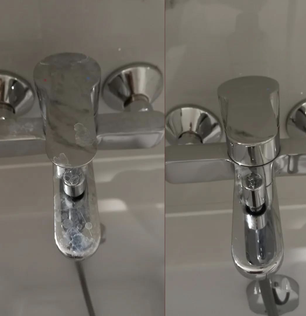 Kran łazienkowy przed i po czyszczeniu, widoczne osady z kamienia usunięte, chrom lśniący. Porównanie efektu sprzątania.